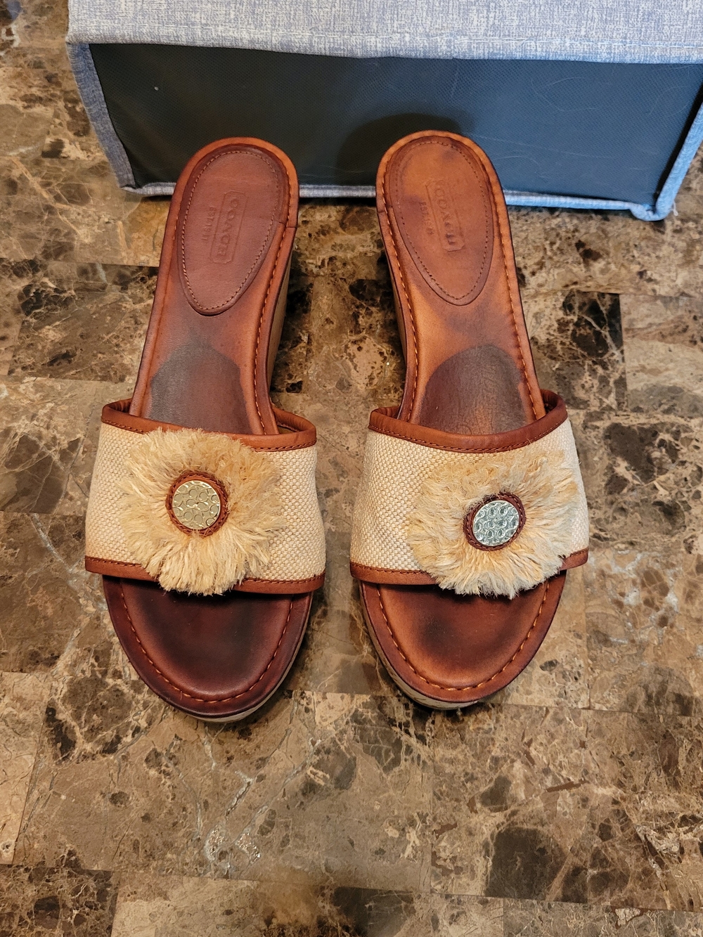 Coach Women's Beige Raffia Slide Sandals with Leather Trim